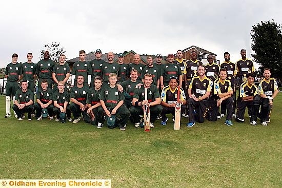 SHAW XI captain Kane Fullalove (front, left, holding bat) and Phil DeFreitas, of Lashings, line up with their teams. 