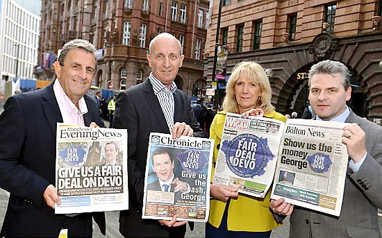 JOINING forces . . . (from left) Eamonn O’Neal, managing editor of the Manchester Evening News, Oldham Chronicle managing editor David Whaley, Wigan Post editor Janet Wilson and Ian Savage, editor of the Bolton News