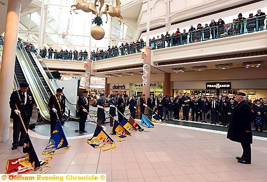Shoppers and staff in Spindles Town Square Shopping Centre marked Remembrance Day with a minute's silence. Pic shows standard bearers.