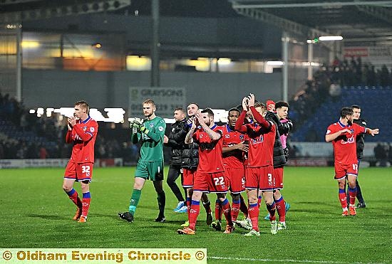 THANK YOU . . . Athletic’s players applaud the travelling army after their 2-1 victory at Chesterfield. 