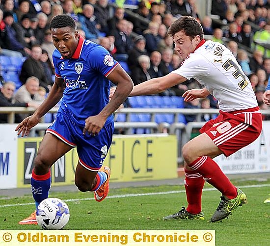 IN CONTENTION . . . Dominic Poleon, who scored at Chesterfield on Saturday, could lead the line in tonight’s cup-tie.