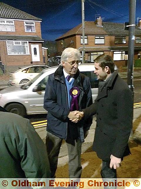 John Bickley UKIP and Jim McMahon Lab at Latics v Barnsley match.