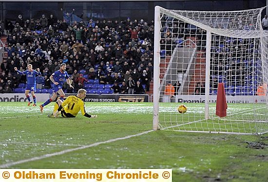 THAT’S MORE LIKE IT . . . Mark Yeates gives Athletic fans a rare moment to cheer as he slots home the equalising goal.