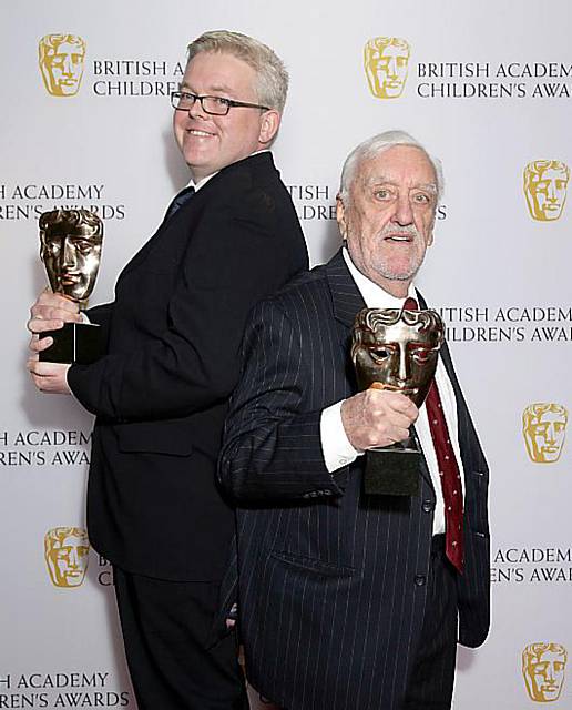 BAFTA success . . . Bernard Cribbins (right), with “Old Jack’s Boat” producer Paul Shuttleworth, and the Pre-School Live Action award.