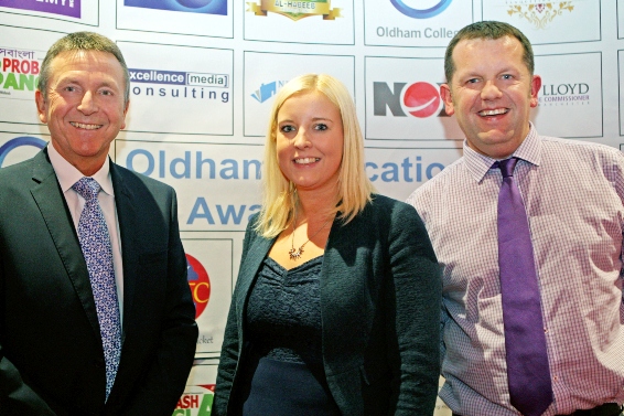 Just the business! Oldham Academy North principal Martin Knowles, right, and Abbie Lockitt, the school’s business and industry co-ordinator, celebrate winning the enterprise award with David Benstead from Oldham Business Leadership Group