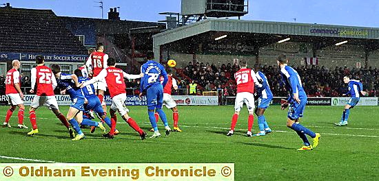 WHAT A STRIKE: Mike Jones lefts fly with a free-kick from the edge of the penalty area to give Athletic a two-goal cushion. Pictures by ALAN HOWARTH