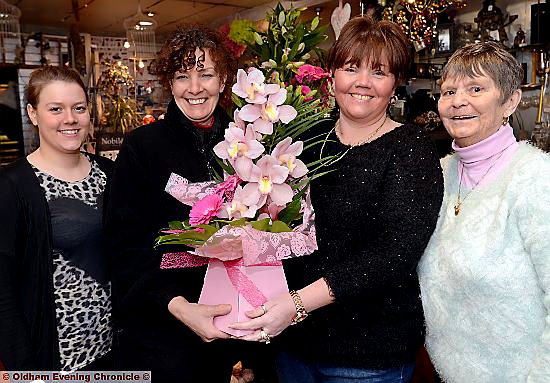 Winner Lisa Schofield with (l-r) Christie Mollart (Oldham Chronicle), Barbara Jackson (Miller's Florist) and Irene Sutcliffe (who nominated Lisa ).