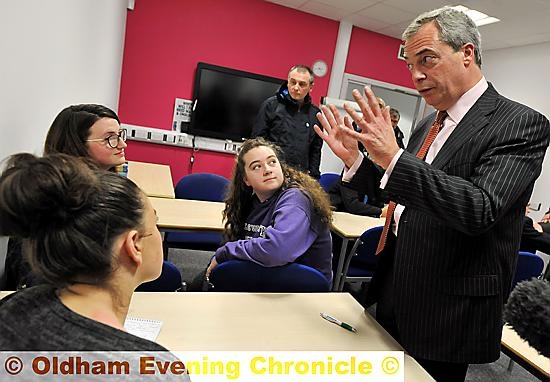 POLITICS lecture . . . UKIP leader Nigel Farage speaks to students at Oldham College