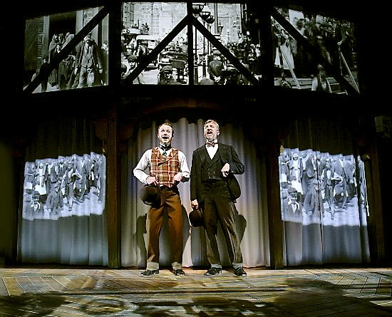 The high-tech set of “The Life and Times of Mitchell and Kenyon”, with Christopher Wright (right) as Kenyon and Gareth Cassidy as Mitchell.