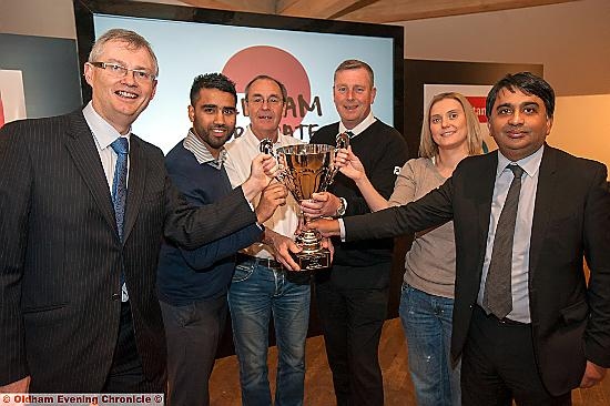 QUIZZED: L-R Tony Mackin (Oldham Evening Chronicle Company Secretary), Afsar Hussain (Santander’s relationship director), Martyn Torr (New Image PR), Steve Kilroy (chairman of Oldham Business Awards), Dayna Patterson (Innovative Technology’s head of marketing) and Kashif Ashraf (an Oldham College governor).