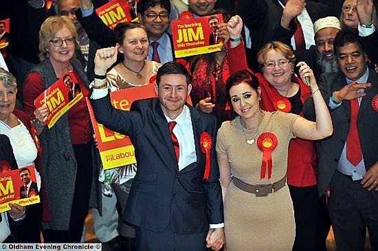 victorious Jim McMahon with partner Charlene celebrate the result with Labour supporters. Picture Darren Robinson
