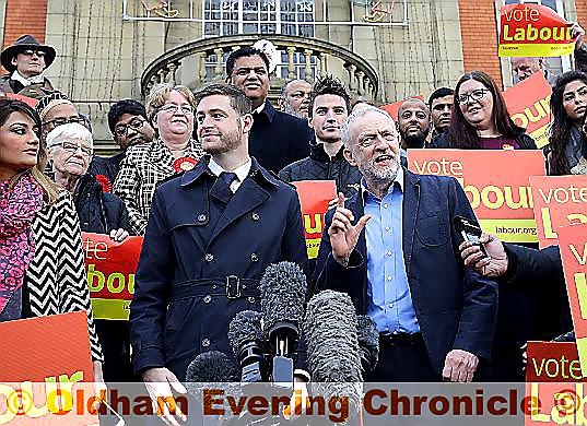 Jim McMahon, MP for Oldham West and Royton, with Labour leader Jeremy Corbyn, on the steps of Chadderton Town Hall