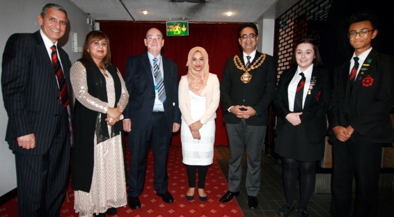 GUEST of honour Dr Tasleema Begum (centre) with (from the left) Radclyffe head teacher Hardial Hayer, Mayoress Councillor Yasmin Toor, chair of governors Jim Greenwood, Mayor of Oldham Councillor Ateeque ur-Rehman, head girl Leah Metcalfe and head boy Mohsin Khan
