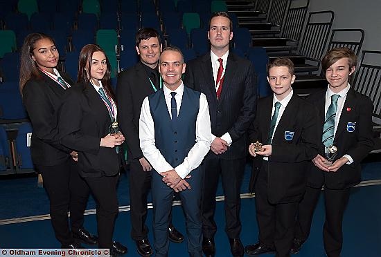 Simon (centre) with principal Nigel Whittle (right), academy council chairman Craig Dean and pupils (from left) Kara Steele, Jessie Holland, Tom Price and Ben Bardsley.