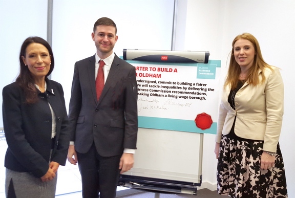 WORKING for a fairer Oldham . . . Jim McMahon joins local MPs Debbie Abrahams (left) and Angela Rayner in signing pledge for Fairer Oldham