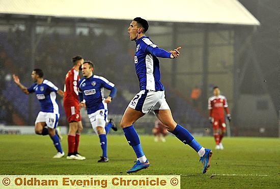 STRIKE TWO: Conor Wilkinson celebrates Athletic’s second goal.