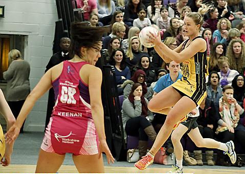HIGH-FLYER: Thunder’s Chelsea Pitman glides through the air during her side’s hard-fought victory at Yorkshire Jets.