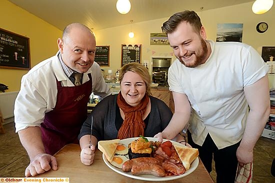 GRUB’S up: (from left) butcher Dean Crowther, business partner Laura Sneath-Hirst and chef Karl Matthews