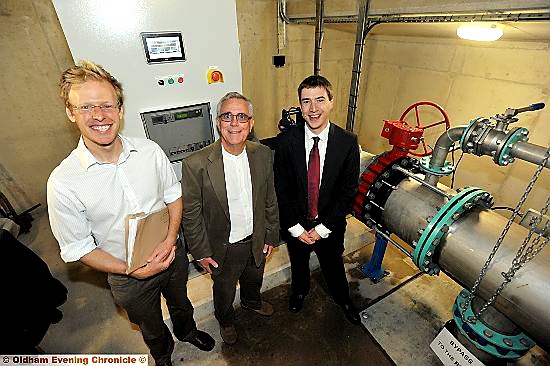 PIONEERING project... Richard Rider (design engineer, Renewable First), Bill Edwards (chair of Saddleworth Community Hydro) and Adrian Ramsay (chief executive of the Centre for Alternative Technology) at the opening of the scheme in September last year
