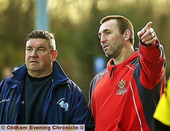 TALKING TACTICS: Coach Scott Naylor (right) and assistant Lee Spencer will have plenty of food for thought against Leigh on Sunday.