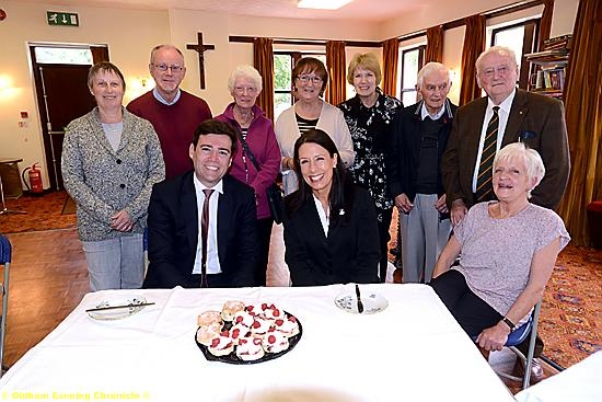 NICE to meet you . . . Andy Burnham and Debbie Abrahams with (back, from left) Joyce Brown, Derek Cottrell, Dorothy Woodhead, Marilyn Davies, Pamela Jones, Glynn Jones and Eamon O’Daly. Pauline O’Daly is pictured on the front row.