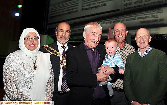 Pictured (l-r): Mayoress Tanvir Hussain, Mayor Councillor Fida Hussain, Vincent Brown with grandson Henry, Chronicle Managing Editor Dave Whaley and former Latics player and manager Andy Ritchie.