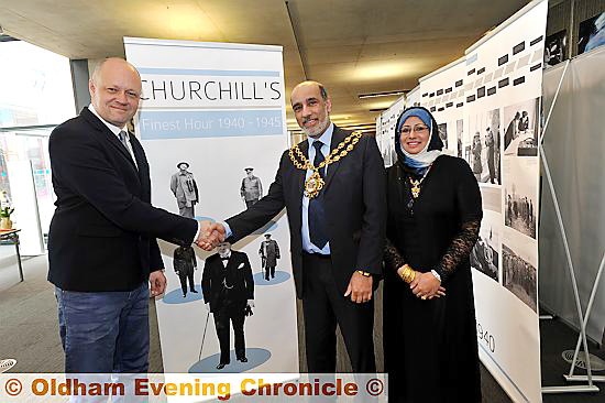 OFFICIALLY open: Niels Bjerre with the Mayor of Oldham, Councillor Fida Hussain, and his wife, Tanvir, at the exhibition celebrating Winston Churchill.