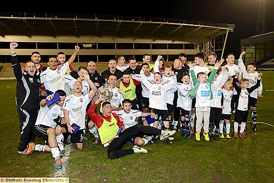 PREMIER PRIZE: Mossley celebrate penalty shoot-out victory over Curzon Ashton.