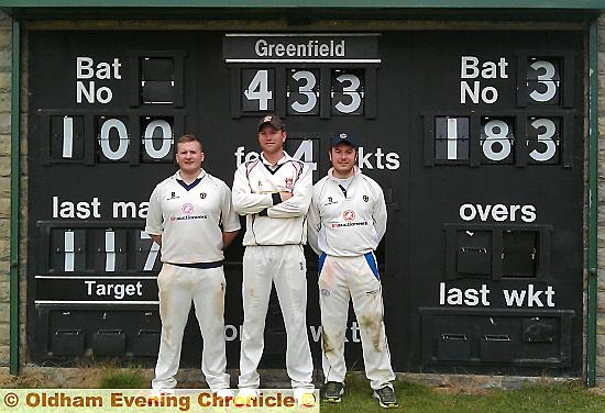 Greenfield centurions: Alex Peters (left), Christi Viljoen and Adam Hayes stand in front of the scorebox at Ladhill Lane.