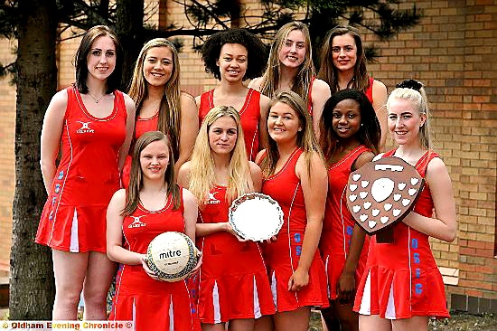MILES OF SMILES . . . Oldham Sixth Form College team Isabel Hole (back row, left), Paige Gardner, Imogen Campbell-Heanue, Amy Clinton, Abigail Tyrrell. Rebekka Dann (front, left), Leah Tomlin, Hannah Robinson, Chinma Ebizie and captain Olivia Harris. Not pictured Megan Gardner.