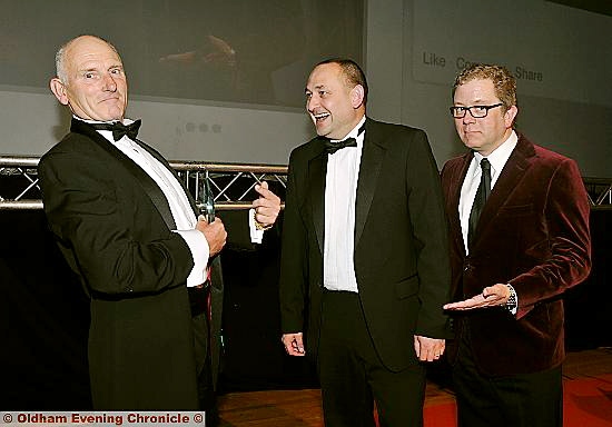 Business man of the year Frank Rothwell (left), with Mike Lammont of sponsor the Royal Bank of Scotland and host Jon Culshaw (r)