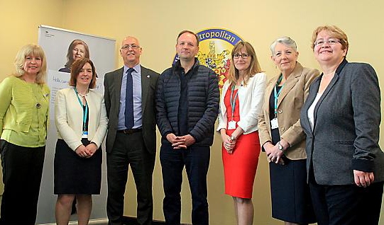 LEADING the way in Dementia Care... (L-R) Stephanie Doherty, Chair of Oldham Dementia Action Alliance, Maggie Kufeldt, Oldham Council’s Executive Director for Health and Wellbeing, Dr Ian Wilkinson, Chief Clinical Officer at NHS Oldham CCG, Simon Stevens, NHS England Chief Executive, Carolyn Wilkins, Oldham Council’s Chief Executive, Councillor Jenny Harrison, Cabinet Member for Social Care and Safeguarding and Councillor Jean Stretton, Cabinet Member for Health and Wellbeing.
