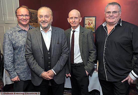 'An Evening with George Galloway' at The Swan, Dobcross. : Michael Powis (landlord), George Galloway, Peter Young (organiser), Tim Newbold (landlord).