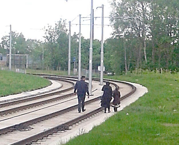Family walking along Metrolink line at Westwood