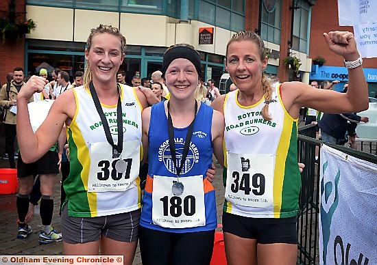 WOMEN’S winner Kirsty Johnson (centre), Jane Augsburger (left), who was second, and Kirsty White, who finished fourth