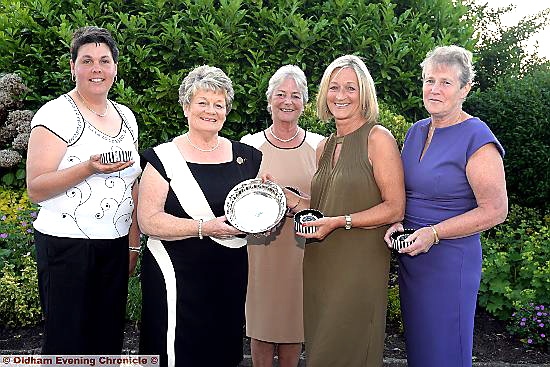 ALL SMILES . . . at Marjorie’s lady-captain’s day at Crompton and Royton. From left: Zoe Styles (best back nine), Marjorie Bray, Joyce Adams (runner-up), Andrea Lowe (winner) and Jennifer Kenworthy (best front nine).