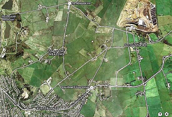 MAP showing the access roads to the tip (top right). The road in question is the one under the “C” in Scouthead. The junction in the accompanying picture is where this road joins Huddersfield Road. Image courtesy of Google Maps