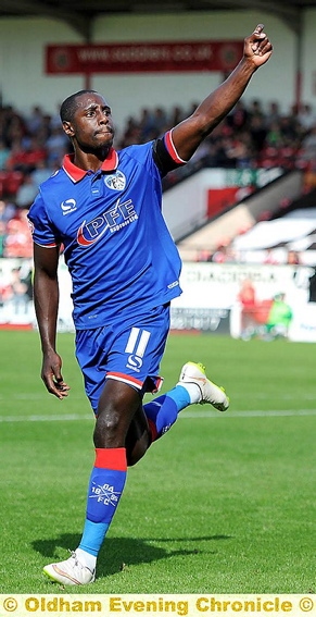 GOAL SALUTE: Jonathan Forte points to the supporters after equalising for Athletic at Walsall on Saturday. 
