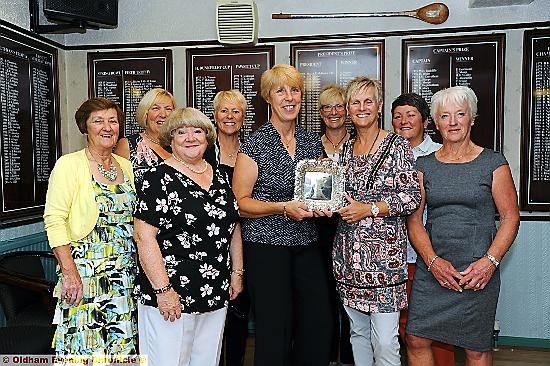 ALL SMILES . . . Oldham’s lady-captain’s prize line-up, from the left, back: Mary Buckley, Eileen Cowell, Sheila Antrobus, Bev Scholes, Karen Phanco. Front: Edith Howarth (vice-captain), Chris Pierson (captain), Jane Antrobus, Janet Kershaw.
