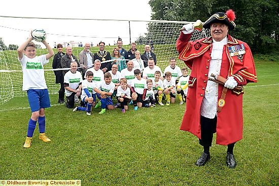 DECLARED open . . . the Mayor of Oldham with (left) Sam Holdaway of Boundary Park Juniors and Chadderton town crier Dave Smith.