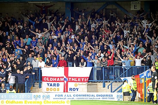FAN-TASTIC . . . almost 2,000 Athletic fans made the trip to Gigg Lane and these pictures show the tremendous support they gave to their team.