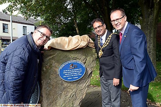 Pictured at the unveiling of the plaque (l-r): Chris Hamilton (Oldham Rugby League club chairman), Mayor Councillor Ateeque Ur-Rehman and Jon Dutton, director of projects at the Rugby Football League