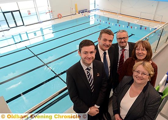 ANYONE fancy a swim? Oldham Council leader Jim McMahon, Stuart Lockwood (OCL chief executive), Anthony Dillon (managing director of contractor Willmott Dixon), and councillors Barbara Brownridge and Jean Stretton visit the new centre