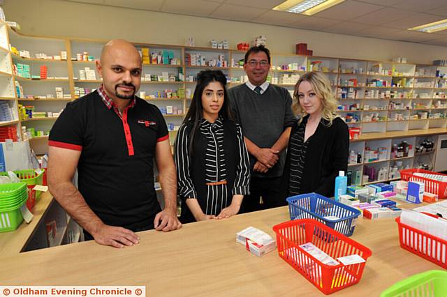 Pride in Oldham nomination for Your Doctors Chemist, Chadderton. PIC L-R: Ahmed Salim (manager), Saiqa Kausar, Darren Mark and Tyler Hurst..