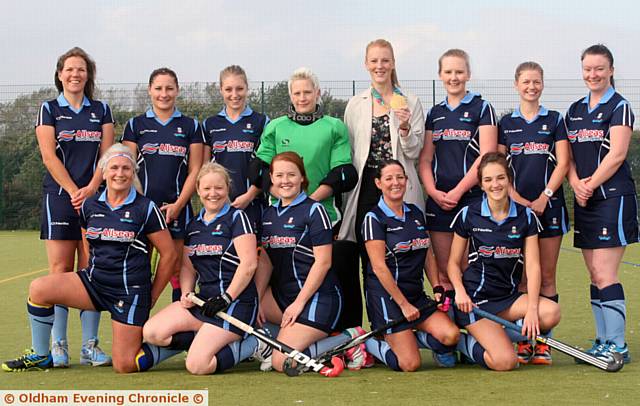 ON PARADE . . . Oldham Ladies Hockey Club firsts had an Olympic gold-medal winner among their ranks before their latest league game. Nicola White is pictured with Rachael Johnson (back row, left), Lisa Meanock, Amy Broadbent, Sarah Simpson (goalkeeper), Fran Lees, Jordanna Rawlinson, Kasia Faulkner. Karen Rowley (front, left), Louise Howard, Daisy May Ward (captain), Yvonne Jackson, Jess Perry