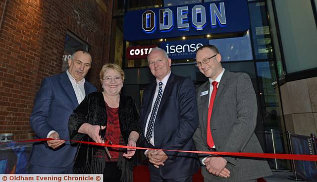 CUTTING the ribbon . . . Duncan Reynolds (UK and Ireland managing director Odeon), Jean Stretton (council leader), Paul Donovan (chief executive Odeon) and Paul Dagg (general manager)
