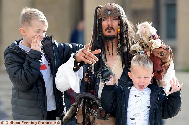 PIRATES of the Caribbean . . . Loz Copping as Jack Sparrow meets (left) Billy Jackson (8) and Carson Jackson (4)
