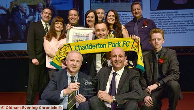 LAST year's Readers' Choice winners . . . Chadderton Park Cerebral Palsy team officials, pictured here with Chronicle managing editor David Whaley (front right)