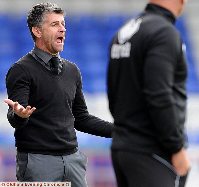 ATHLETIC manager Stephen Robinson appeals to his players during Saturday's match against MK Dons
