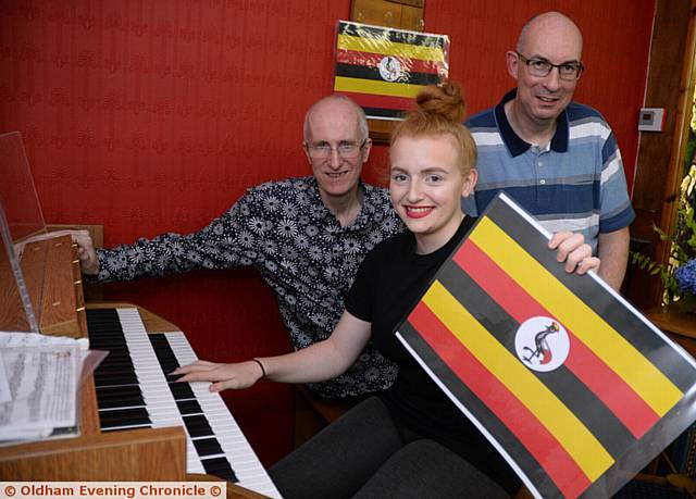 Six organists from Oldham take part in organ recital at St Andrew's Methodist Church, Shaw to raise funds for Elizabeth Owen's trip to Uganda. Pictured here is Elizabeth Owen with two of the six organists (l-r) Elizabeth's dad Peter Owen and Ian Wolstenholme